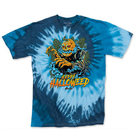 StonerDays Happy Halloweed Tee in blue tie-dye with pumpkin graphic, front view on white background
