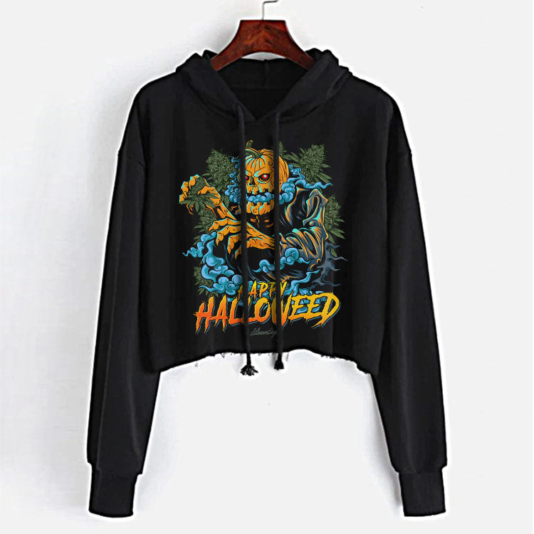 StonerDays Happy Halloweed Crop Top Hoodie for Women, Front View on Hanger