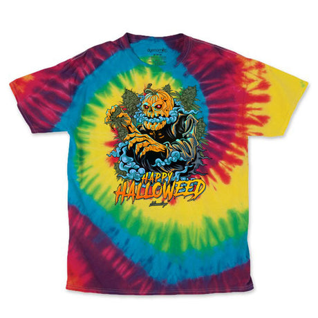 StonerDays Happy Halloweed Tee with vibrant rainbow tie dye design, front view on white background