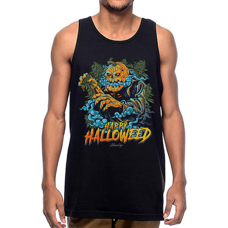 StonerDays Happy Halloweed Tank featuring a bold graphic, front view on male model, size 2X Large