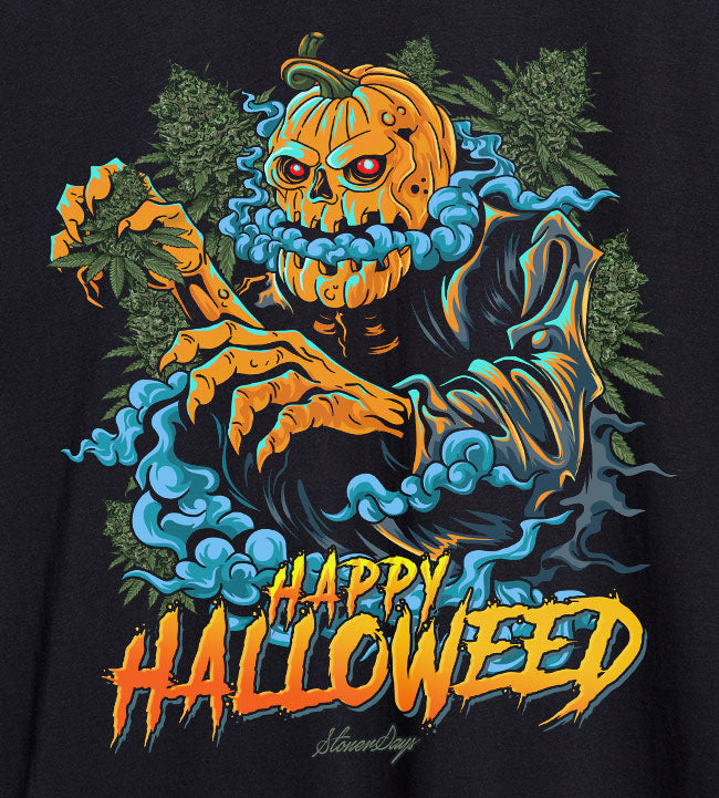 StonerDays Happy Halloweed Tee close-up, featuring pumpkin-headed character, unisex cotton