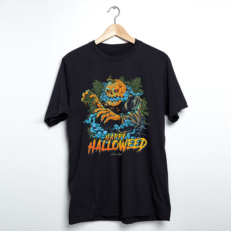 StonerDays Happy Halloweed Tee in black, front view on hanger, featuring vibrant pumpkin graphic
