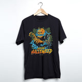 StonerDays Happy Halloweed Tee in black, front view on hanger, featuring vibrant pumpkin graphic