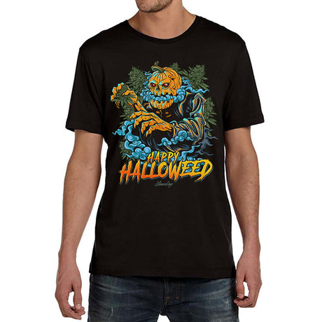 StonerDays Happy Halloweed Tee front view on model, featuring vibrant pumpkin and cannabis design