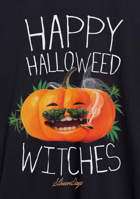 StonerDays Happy Halloweed Witches Hoodie in black, featuring a pumpkin with cannabis, front view