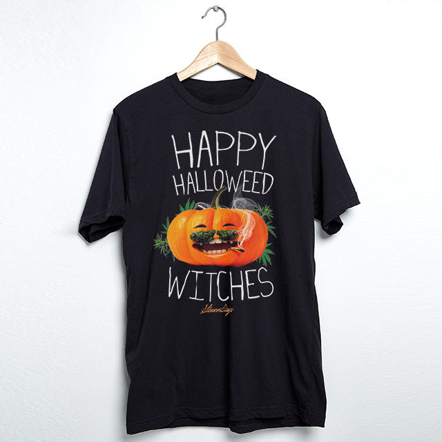 StonerDays Happy Halloweed Witches Tee in black cotton, front view on hanger