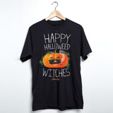 StonerDays Happy Halloweed Witches Tee in black cotton, front view on hanger