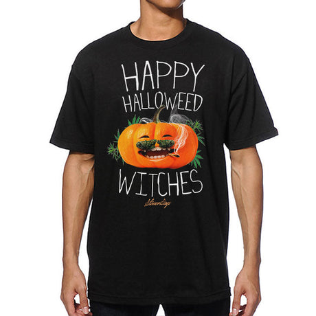 StonerDays Happy Halloweed Witches Tee in black, front view on model, 100% cotton unisex t-shirt
