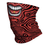 StonerDays Happy Tabs LSD Neck Gaiter with psychedelic red pattern, front view on white background