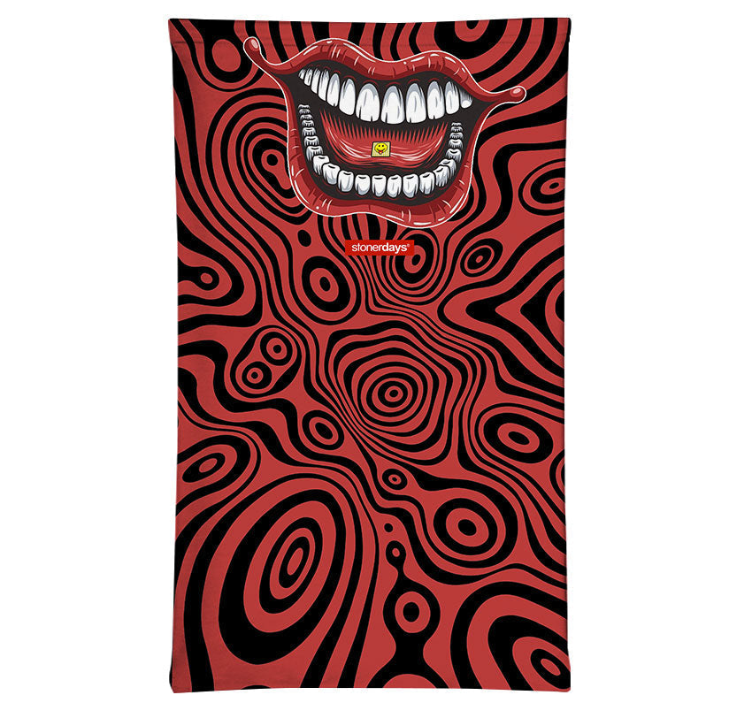 StonerDays Happy Tabs LSD Neck Gaiter with psychedelic pattern and smiling mouth design