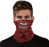 StonerDays Happy Tabs LSD Neck Gaiter featuring psychedelic smile design, worn by model, front view