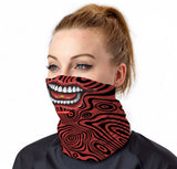 StonerDays Happy Tabs LSD Neck Gaiter featuring psychedelic print, worn by model, front view