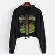 StonerDays Hash Rosin Crop Top Hoodie for Women in Green Cotton, Front View on Hanger