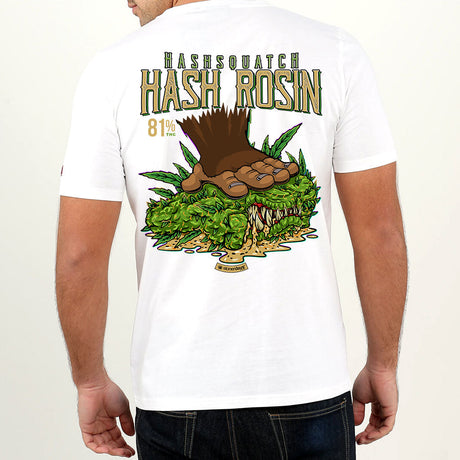 Rear view of a person wearing StonerDays Hash Rosin White Tee with a detailed back print
