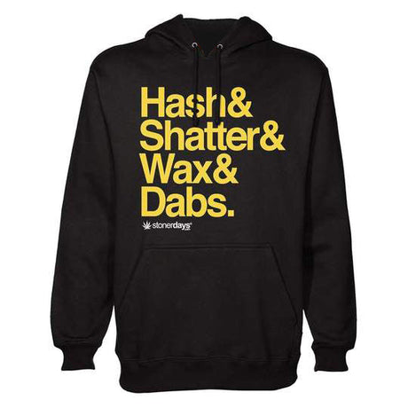 StonerDays Hash & Shatter Hoodie in black with bold gold text, front view on white background