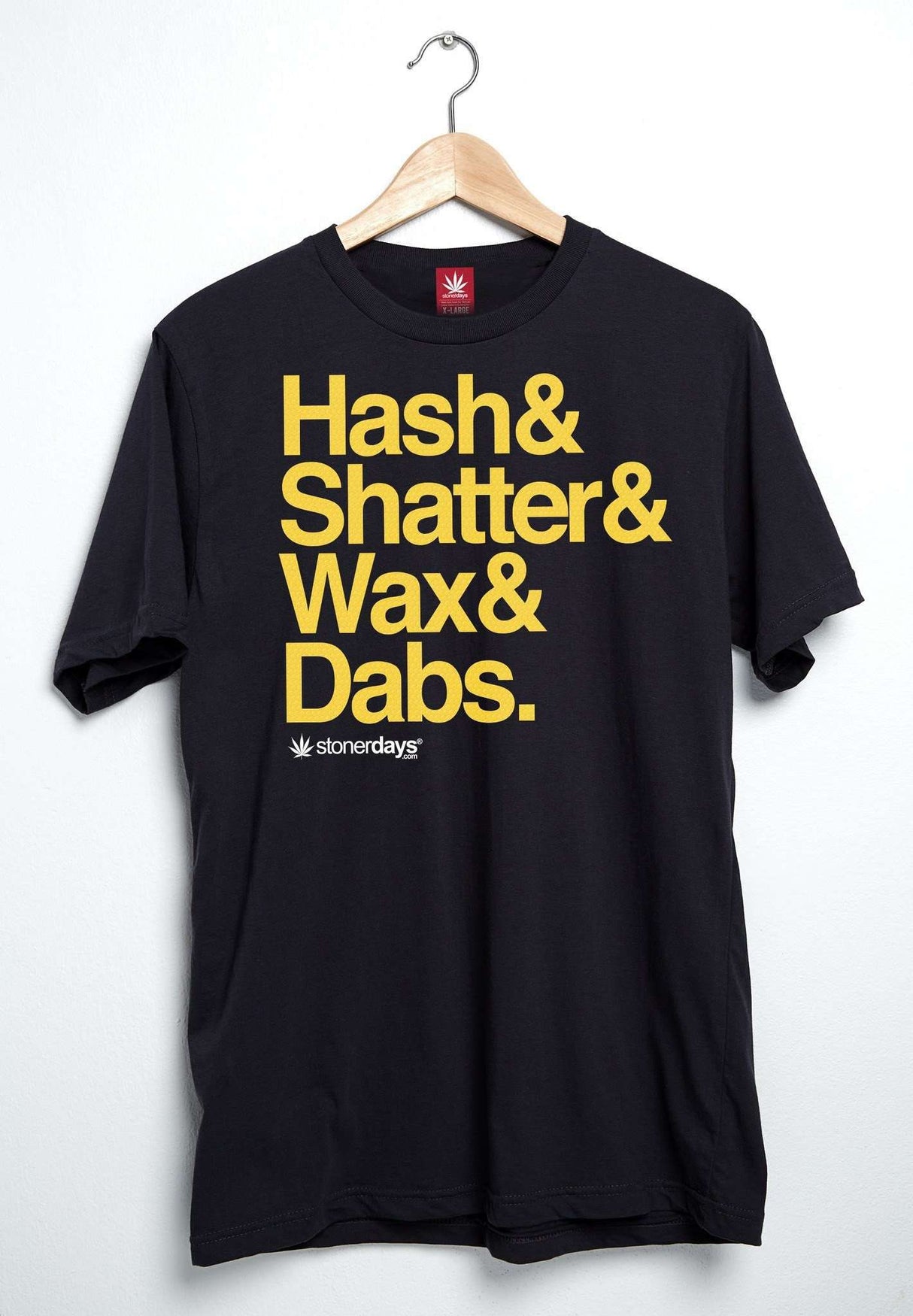 StonerDays Men's Black Cotton Tee with Bold 'Hash & Shatter & Wax & Dabs' Graphic, Front View