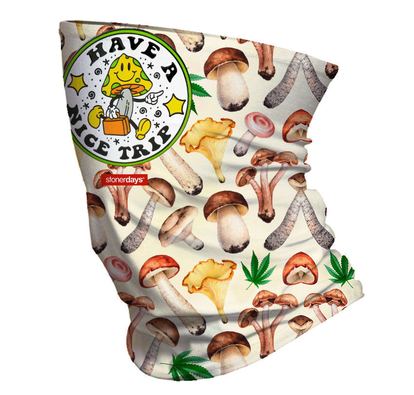 StonerDays Shroomy Gaiter featuring psychedelic mushroom and cannabis leaf design on white background