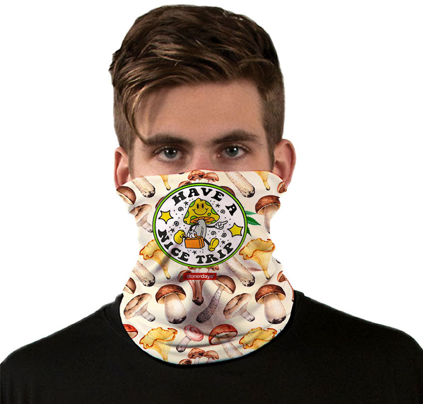 Man wearing StonerDays Shroomy Gaiter with psychedelic mushroom design and 'Have A Nice Trip' slogan.