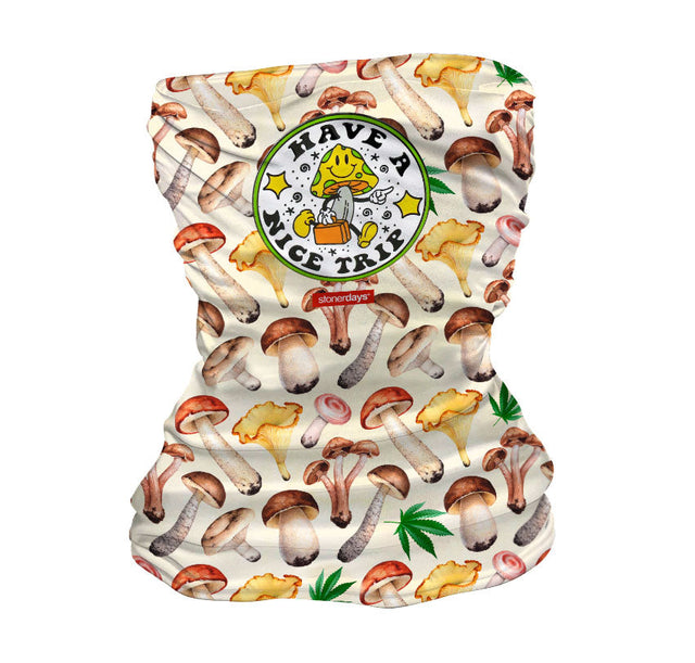 StonerDays Shroomy Gaiter featuring psychedelic mushrooms and 'Have A Nice Trip' design, front view