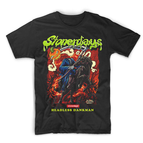 StonerDays Headless Dankman T-shirt, black with vibrant graphic print, front view on white background