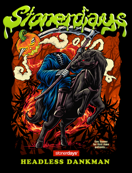 StonerDays Headless Dankman Hoodie with vibrant graphic print on black background, front view.