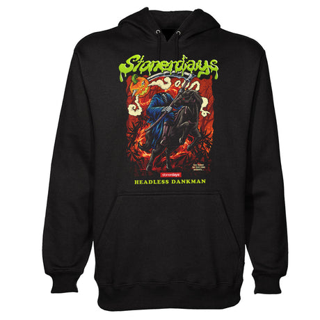 StonerDays Headless Dankman Hoodie in black, front view showcasing graphic design, available in multiple sizes