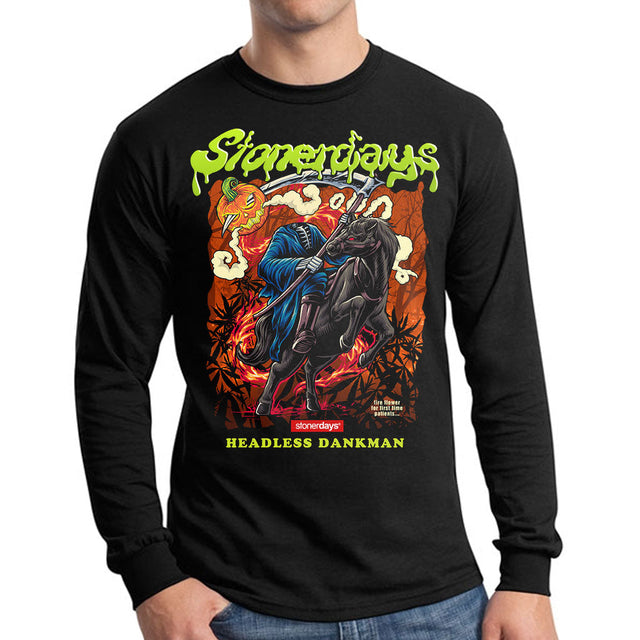StonerDays Headless Dankman Long Sleeve Shirt in black, front view on a male model, sizes S-XXXL