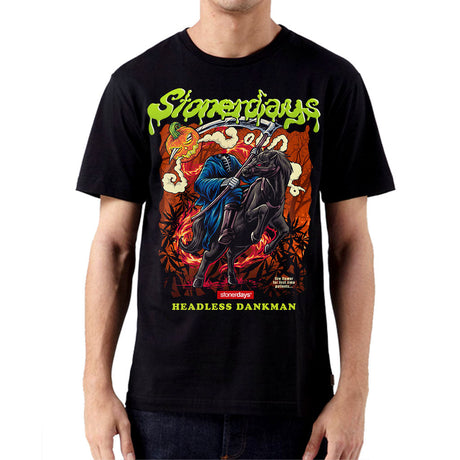 StonerDays Headless Dankman t-shirt, vibrant graphic print, unisex cotton apparel, front view