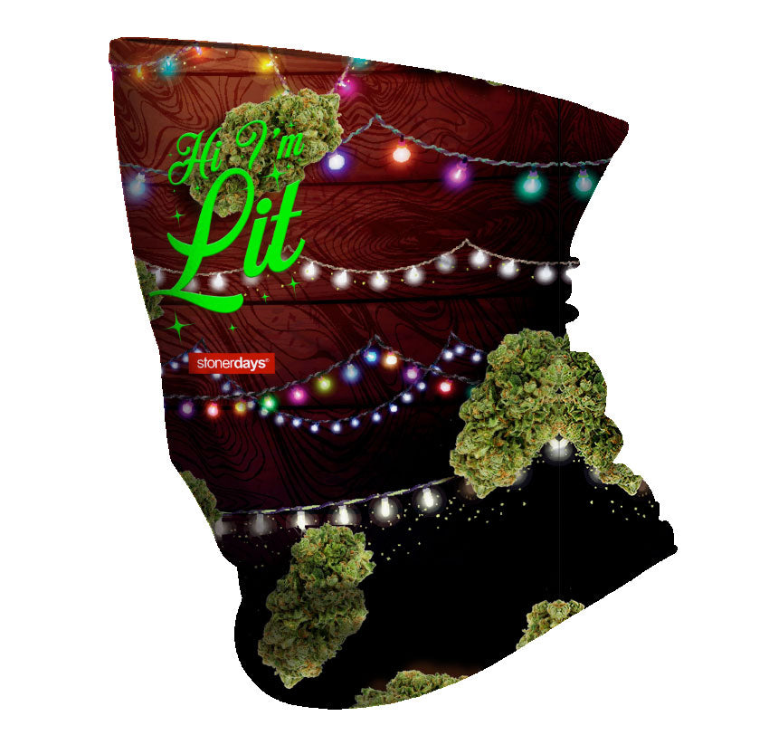 StonerDays Christmas Neck Gaiter with 'Hi I'm Lit' design, cannabis & festive lights
