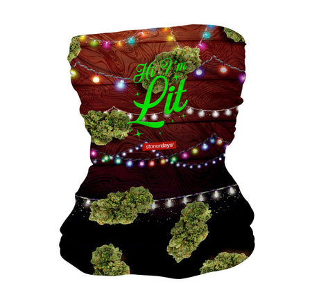 StonerDays Hi Im Lit Christmas Neck Gaiter featuring festive lights and cannabis buds design
