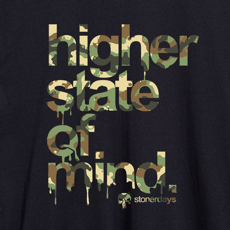 Close-up of StonerDays Army Hoodie with 'Higher State Of Mind' graphic design, size small.