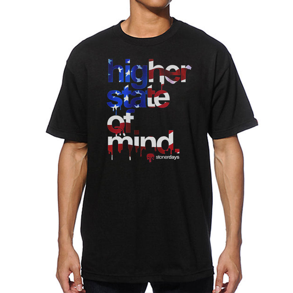 StonerDays Higher State Of Mind Patriot Tee front view on male model, black cotton t-shirt with USA flag colors