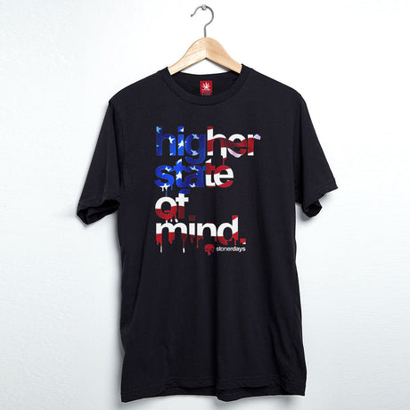 StonerDays Higher State Of Mind Patriot Tee, black cotton, USA-themed, front view on hanger