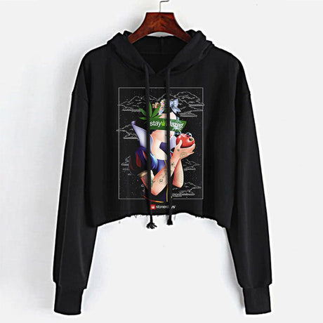 StonerDays Highest One Of All women's crop top hoodie in black with graphic print, front view