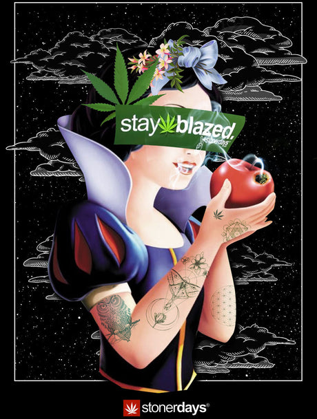 StonerDays tank top featuring a graphic of a tattooed Snow White with a cannabis leaf and 'stay blazed' text.