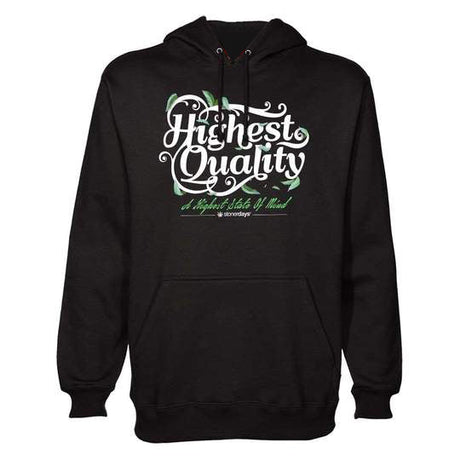 StonerDays black cotton hoodie with green 'Highest Quality' graphic, front view on white background