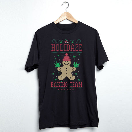 StonerDays Holidaze Baking Team T-Shirt in black cotton, front view on hanger