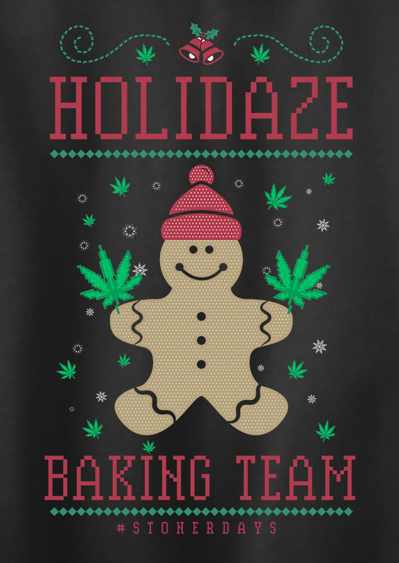 StonerDays Holidaze Baking Team t-shirt with gingerbread and cannabis leaves design, unisex cotton apparel