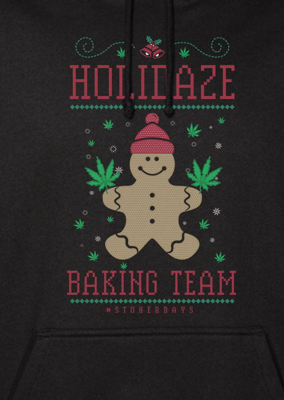 StonerDays Holidaze Baking Team Hoodie, black cotton blend with festive graphic, front view