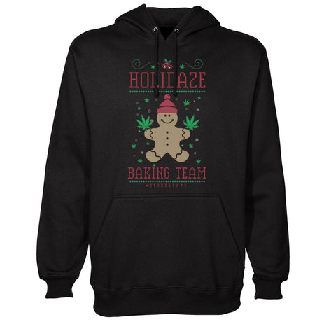 StonerDays Holidaze Baking Team Hoodie in black with festive cannabis leaf graphics, front view.