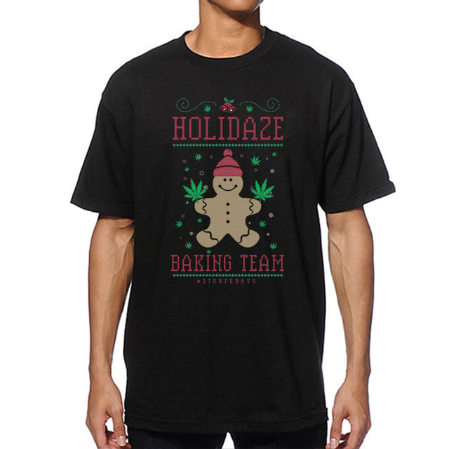 StonerDays Holidaze Baking Team t-shirt front view on model, unisex cotton black tee with festive print