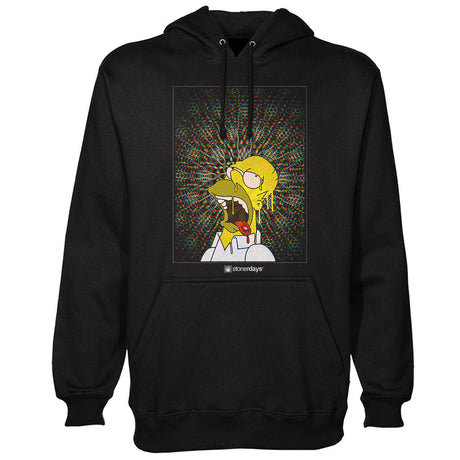StonerDays Homer Blotter Hoodie in black, front view, featuring psychedelic print, sizes S-XXL