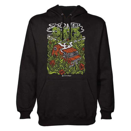 StonerDays Hotbox Hoodie in black with vibrant print, comfortable cotton, ideal for bong users