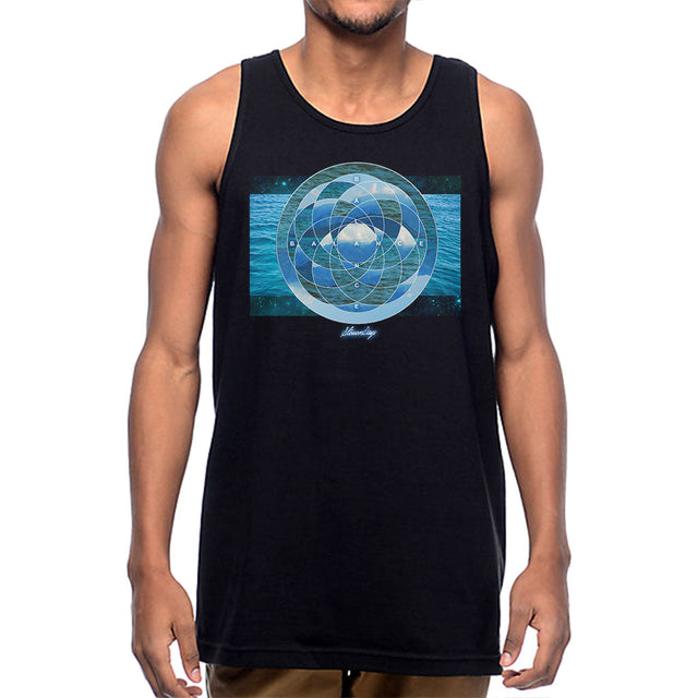 StonerDays Hsom Balance Men's Tank in blue, front view on model, sizes S to 3XL