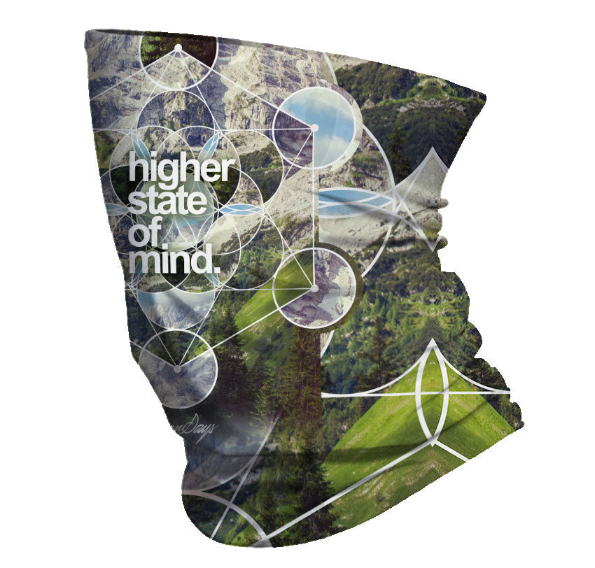 StonerDays Hsom Dimensions Neck Gaiter featuring nature-inspired design with 'higher state of mind' text