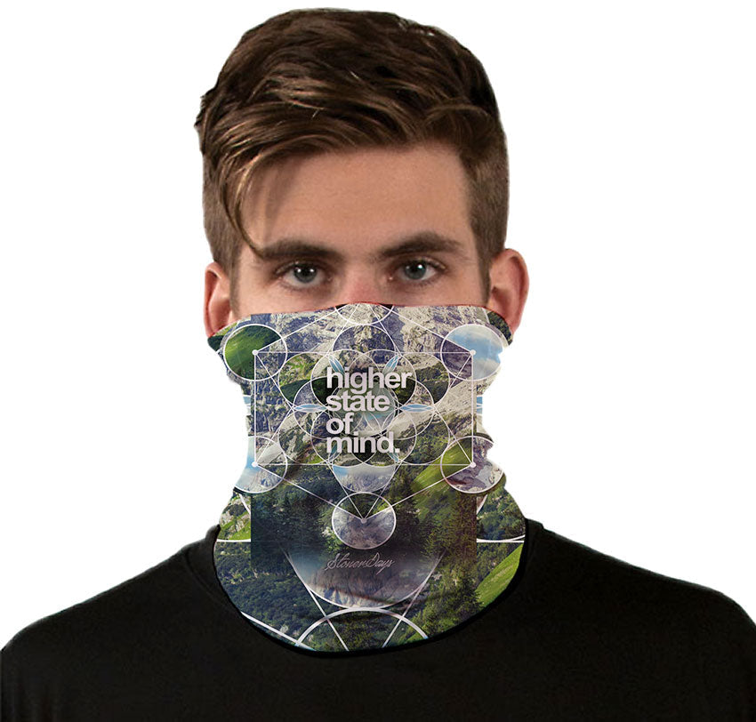 StonerDays Hsom Dimensions Neck Gaiter featuring psychedelic design, front view on male model