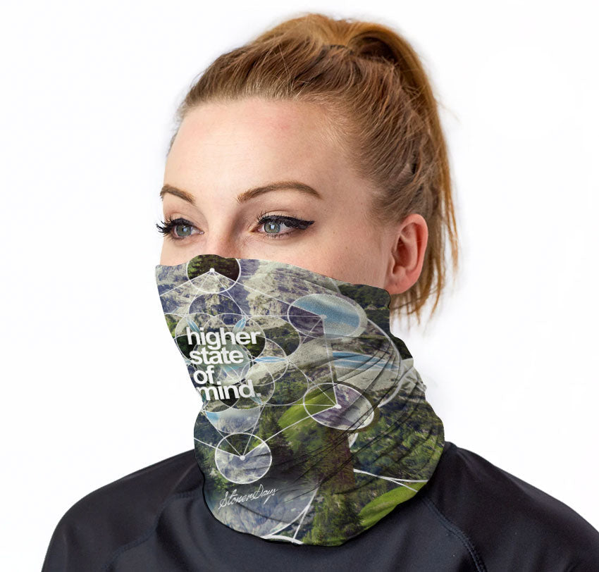 StonerDays Hsom Dimensions Neck Gaiter on model, front view, featuring leafy design and text