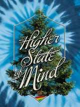 StonerDays Hsom Evergreen t-shirt in tie-dye blue with 'Higher State of Mind' graphic