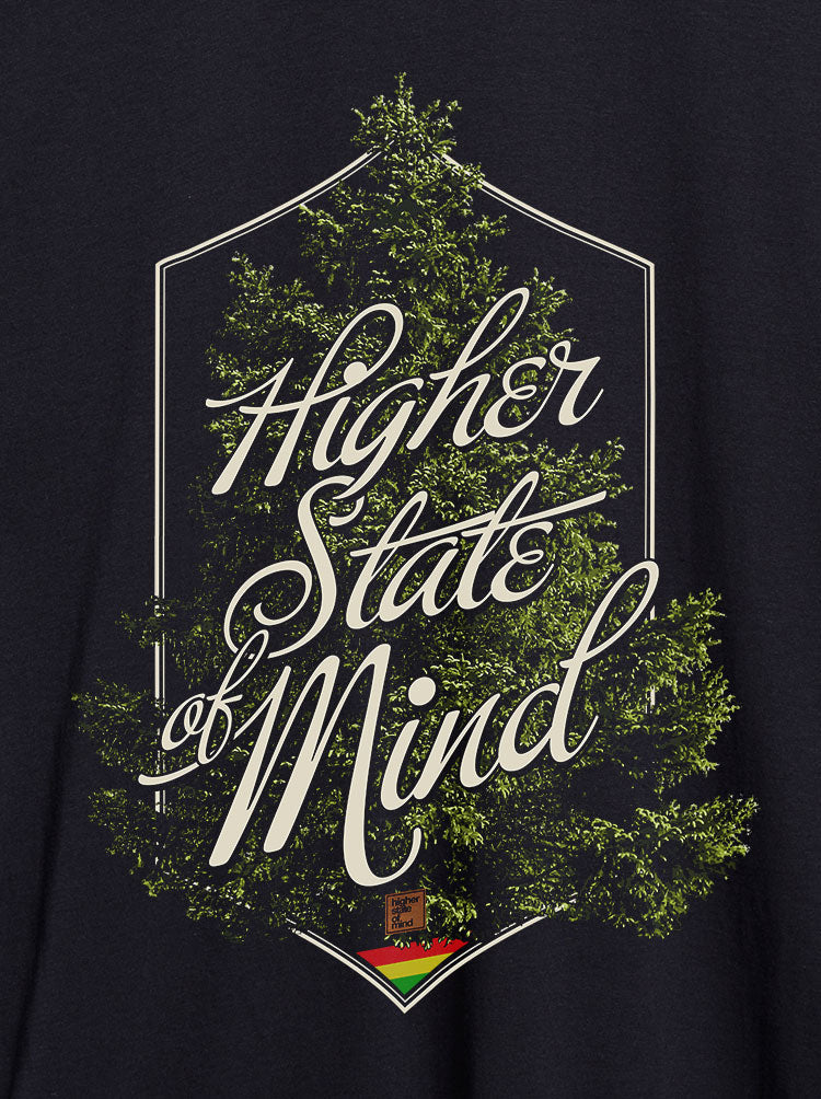 StonerDays Hsom Evergreen T-shirt close-up with 'Higher State of Mind' graphic
