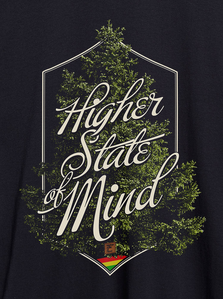 StonerDays Hsom Evergreen Hoodie close-up, featuring "Higher State of Mind" slogan with tree graphics.